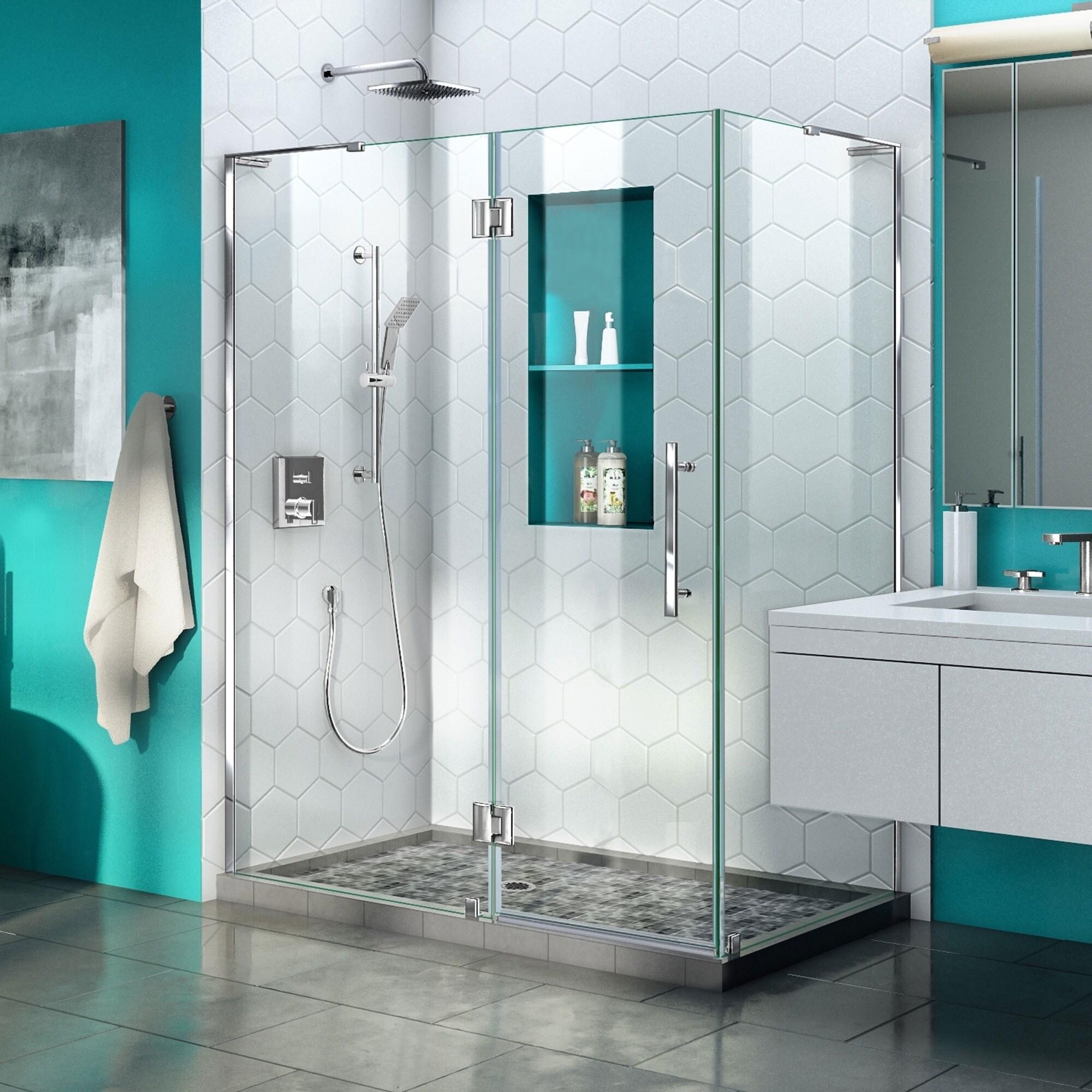 DreamLine Quatra Plus 34 in. D x 52 in. W x 72 in. H Frameless Hinged Shower Enclosure - 34.13" x 52.38" - 34.13" x 52.38"