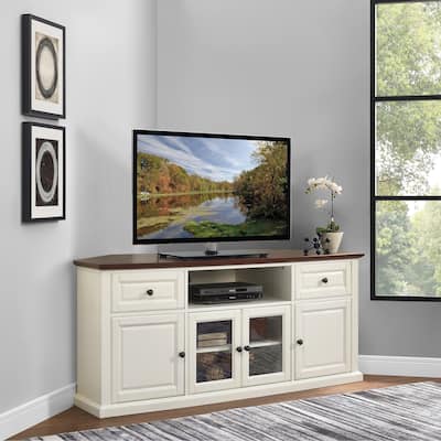 Crosley Shelby 60" Corner Tv Stand In White With Mahogany Top