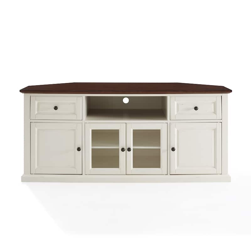 Crosley Shelby 60" Corner Tv Stand In White With Mahogany Top