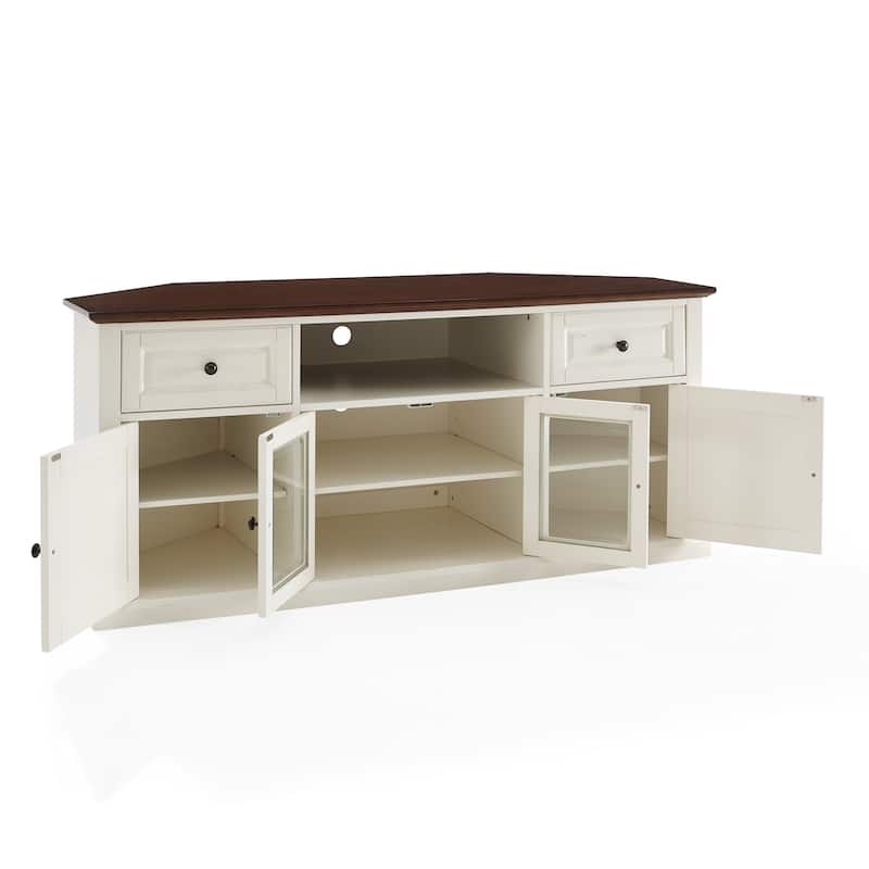 Crosley Shelby 60" Corner Tv Stand In White With Mahogany Top