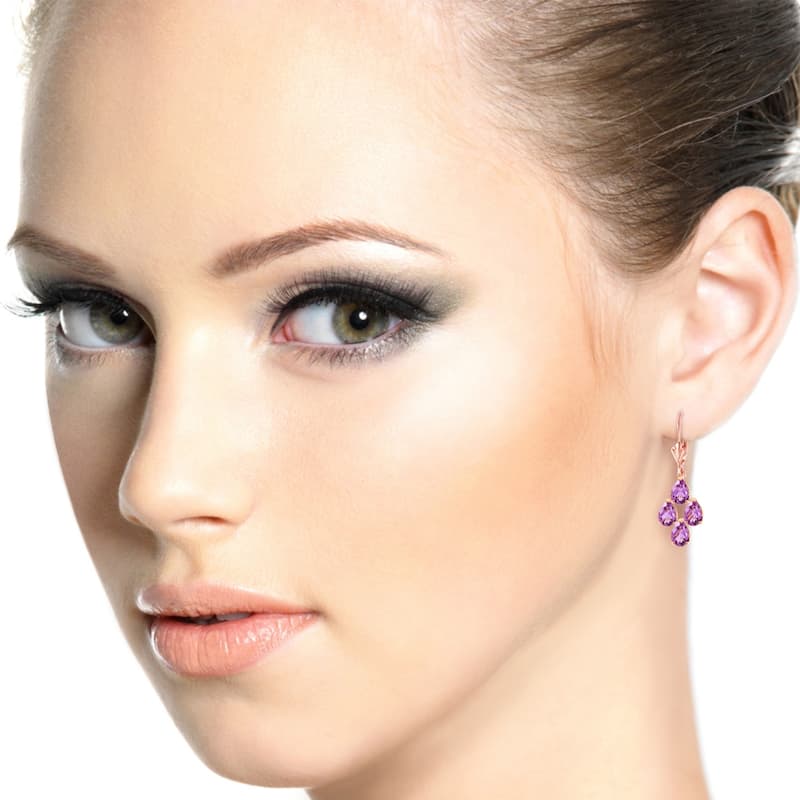 3 Carat 14K Solid Rose Gold Pear Shape Amethyst Leverback Earrings