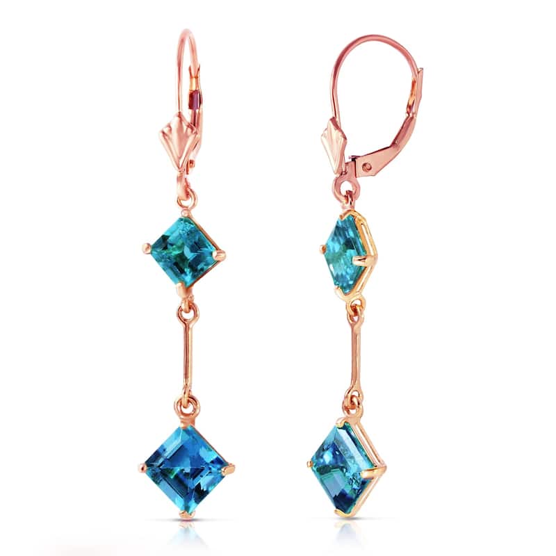 14K Solid Rose Gold Leverback Earrings with Blue Topaz