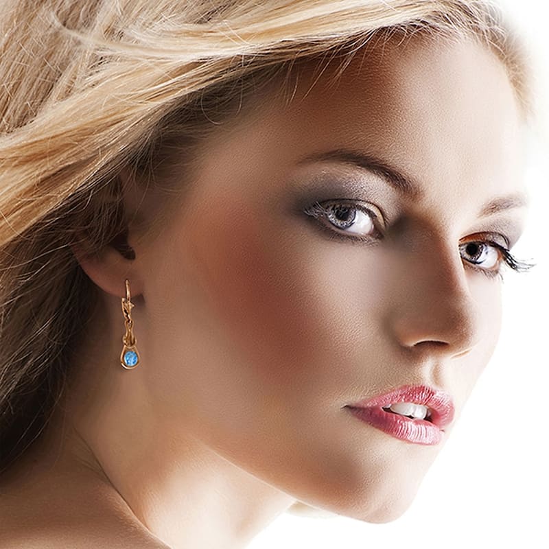 14K Solid Rose Gold Leverback Earrings with Natural Blue Topaz