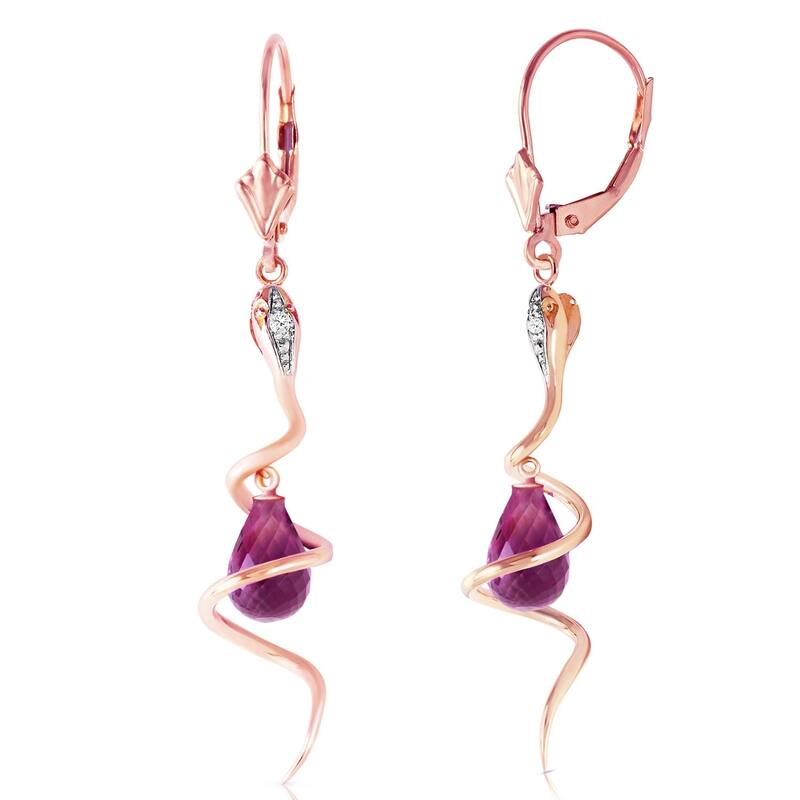 14K Solid Rose Gold Snake Earrings with Dangling Briolette Amethysts & Diamonds