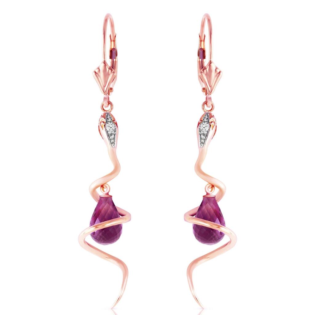 14K Solid Rose Gold Snake Earrings with Dangling Briolette Amethysts & Diamonds