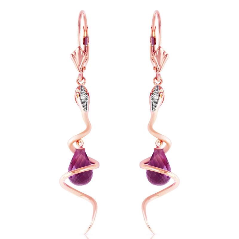 14K Solid Rose Gold Snake Earrings with Dangling Briolette Amethysts & Diamonds