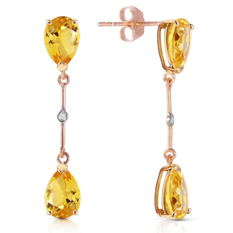 14K Solid Rose Gold Diamonds & Citrines Dangling Earrings