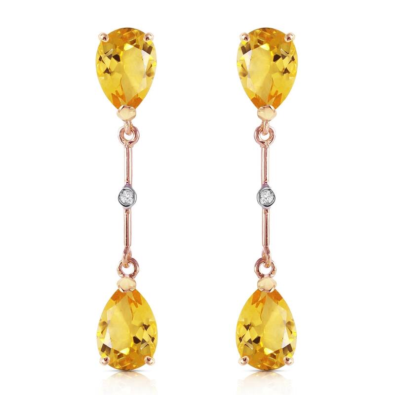 14K Solid Rose Gold Diamonds & Citrines Dangling Earrings