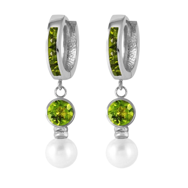 4.3 Carat 14K Solid White Gold Huggie Earrings pearl Peridot
