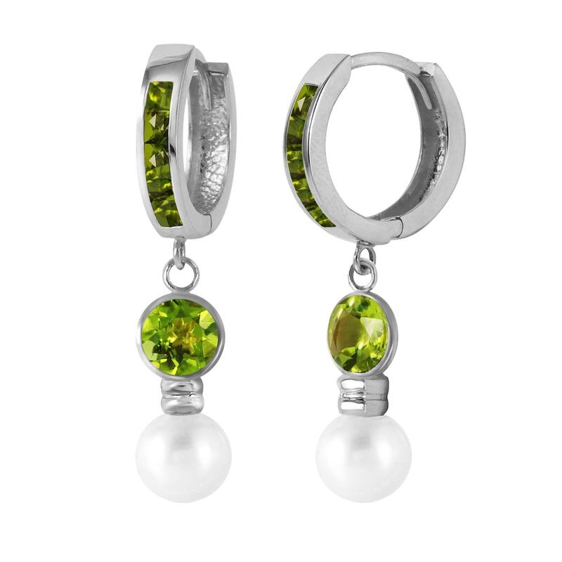 4.3 Carat 14K Solid White Gold Huggie Earrings pearl Peridot