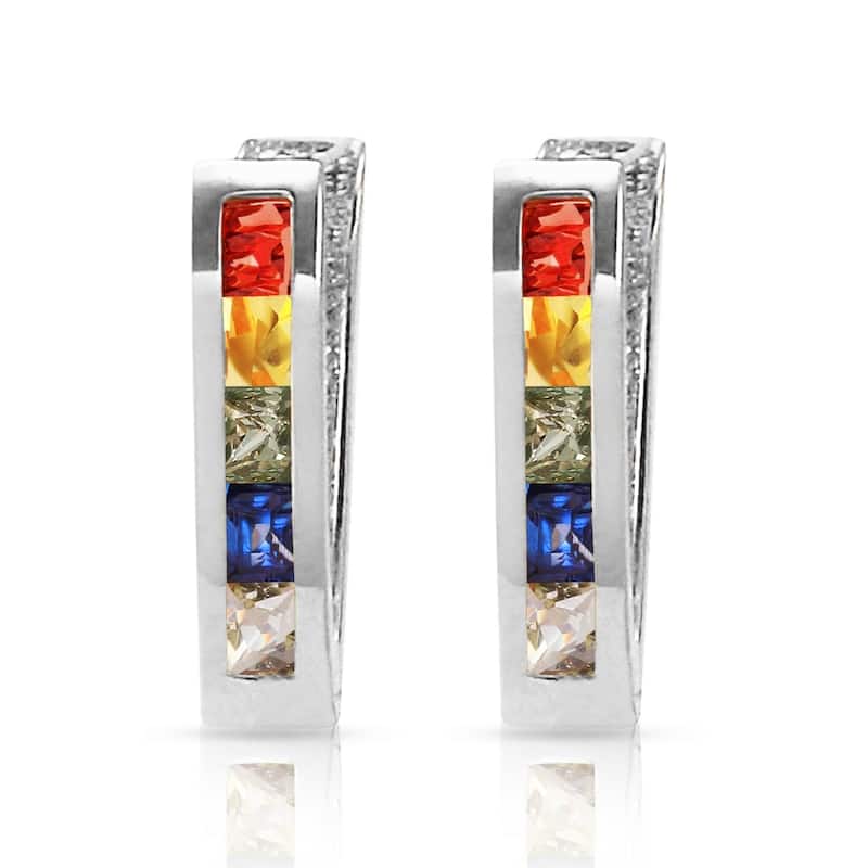 1.3 Carat 14K Solid White Gold Huggie Earrings Multicolor Sapphire