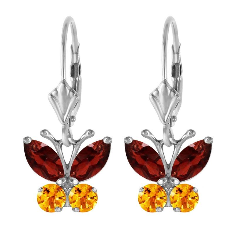 1.24 Carat 14K Solid White Gold Butterfly Earrings Garnet Citrine