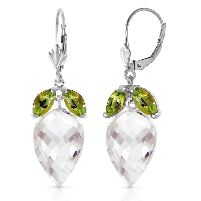 25.5 Carat 14K Solid White Gold Earrings Peridot Briolette White Topaz