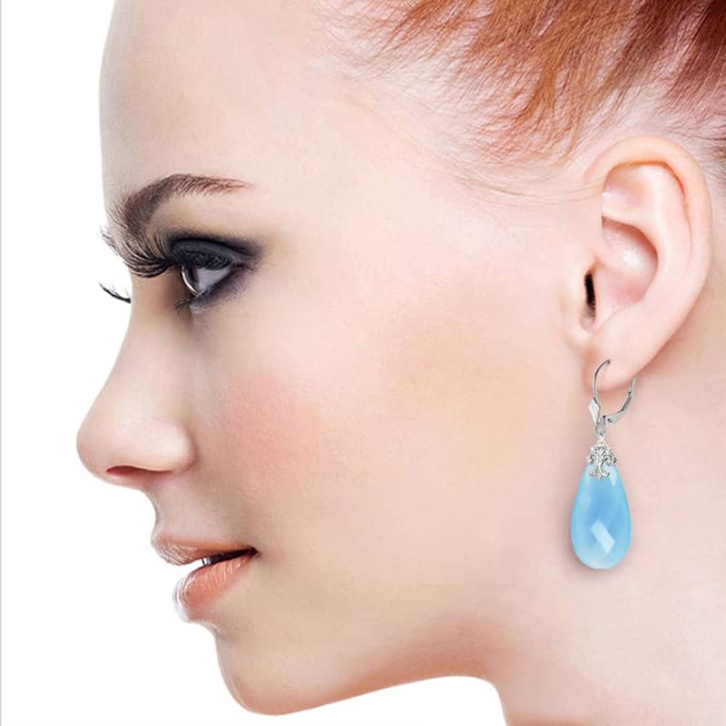 14K Solid White Gold Leverback Earrings with Briolette 31x16 mm Aqua Blue Chalcedony