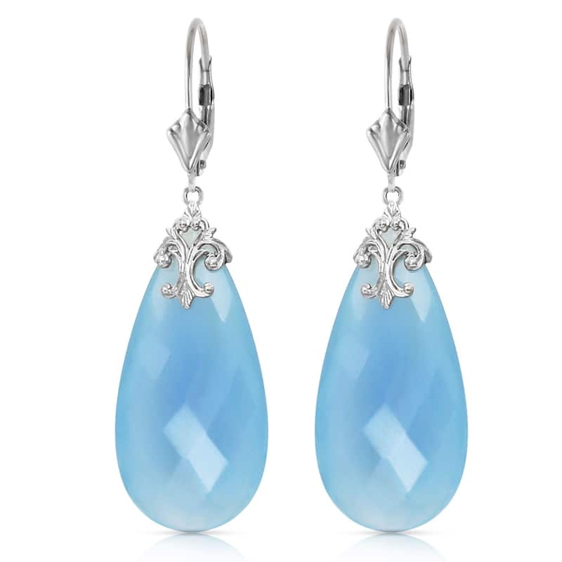 14K Solid White Gold Leverback Earrings with Briolette 31x16 mm Aqua Blue Chalcedony