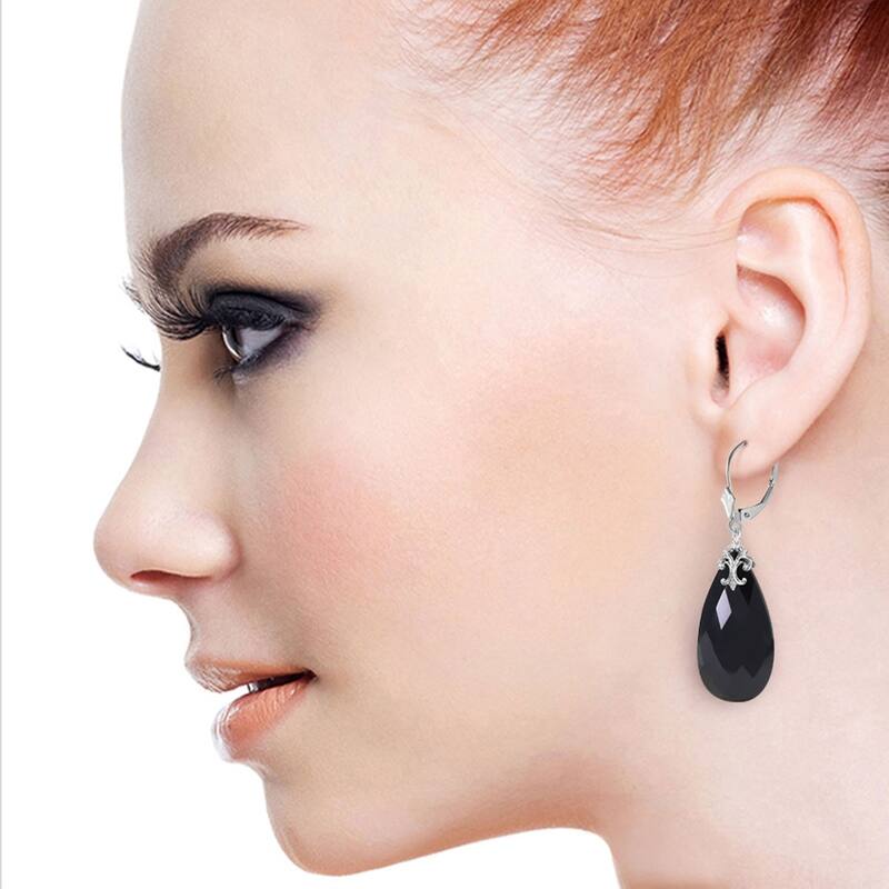14K Solid White Gold Leverback Earrings with Briolette 31x16 mm Black Onyx