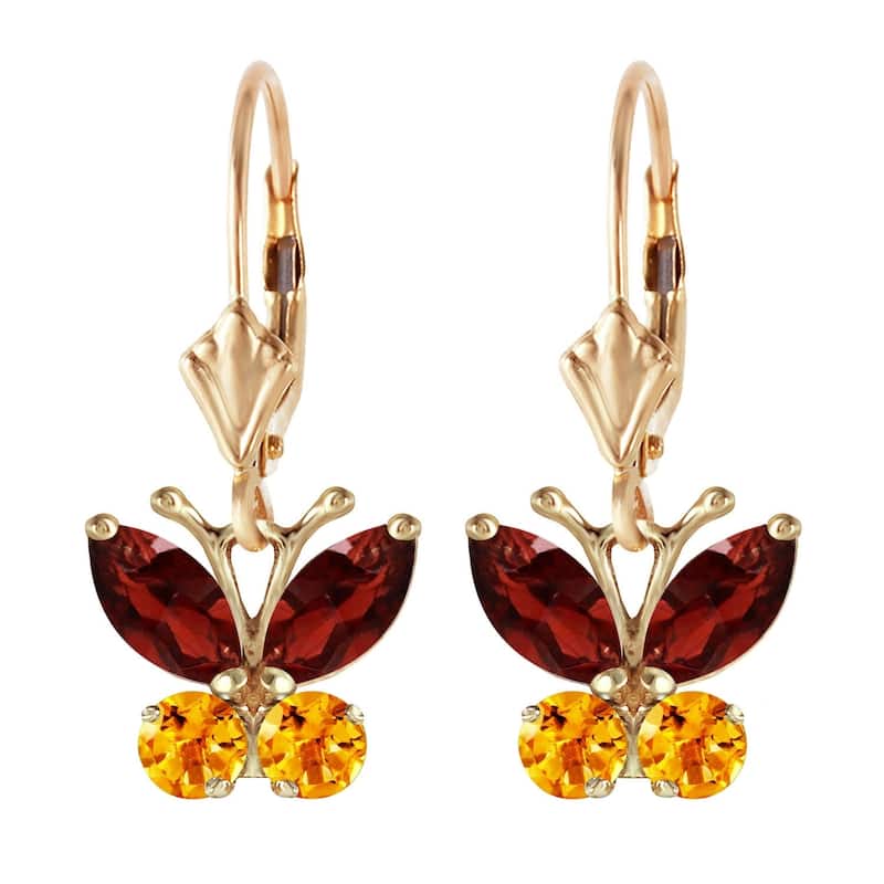 1.24 CTW 14K Solid Gold Butterfly Earrings Garnet Citrine