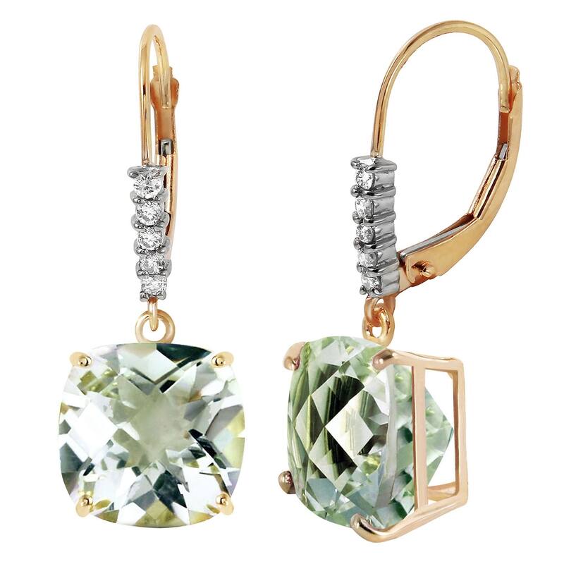 7.35 Carat 14K Solid Gold Leverback Earrings Diamond Green Amethyst