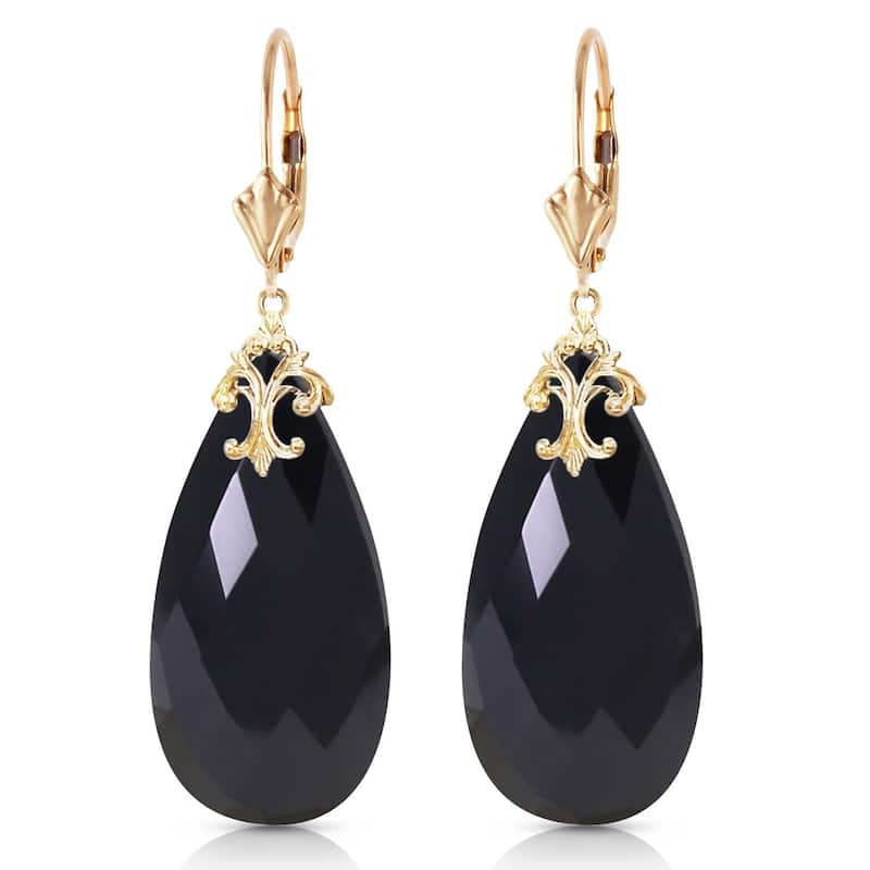 14K Solid Gold Leverback Earrings with Briolette 31x16 mm Black Onyx