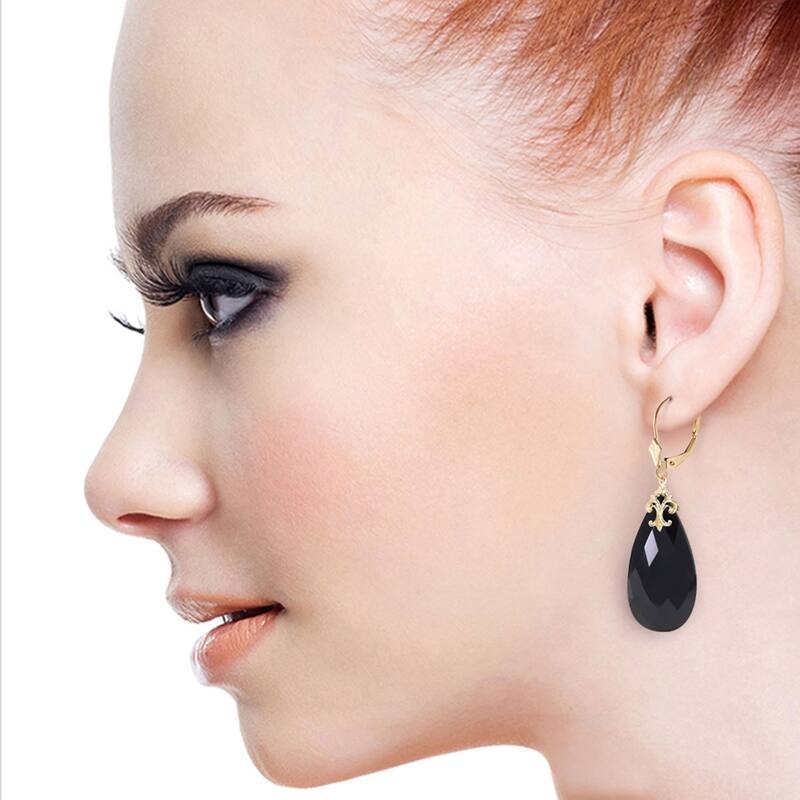 14K Solid Gold Leverback Earrings with Briolette 31x16 mm Black Onyx