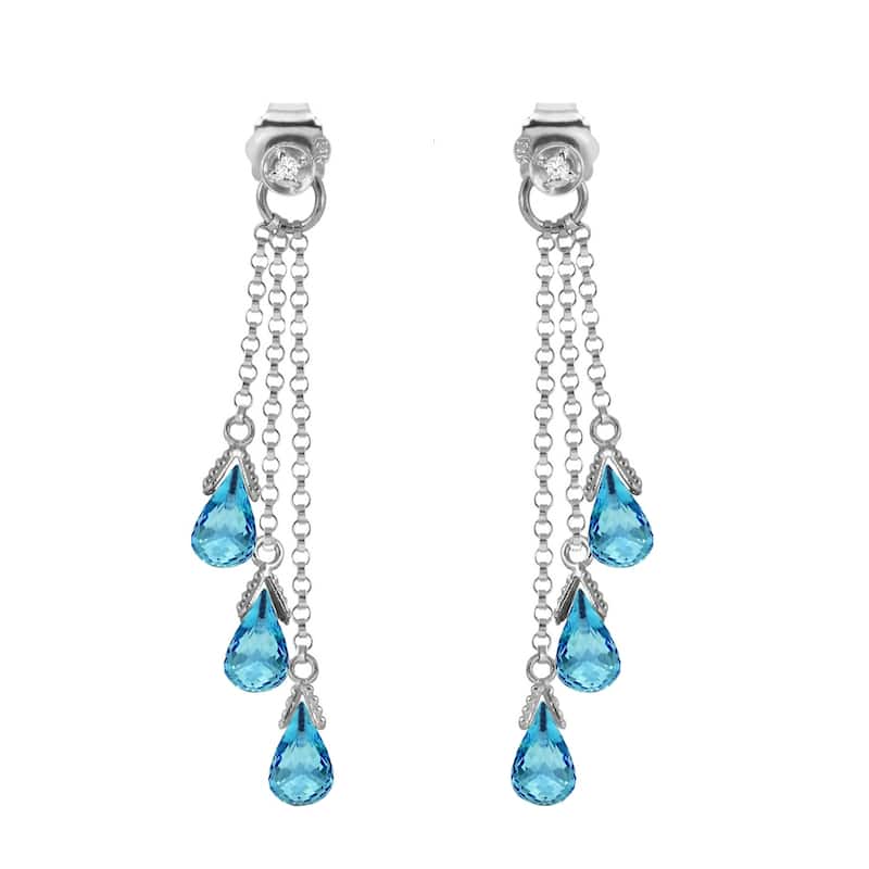 14K Solid White Gold Chandelier Earrings with Diamonds & Blue Topaz