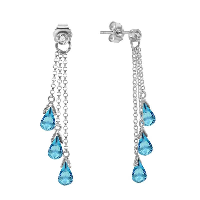 14K Solid White Gold Chandelier Earrings with Diamonds & Blue Topaz