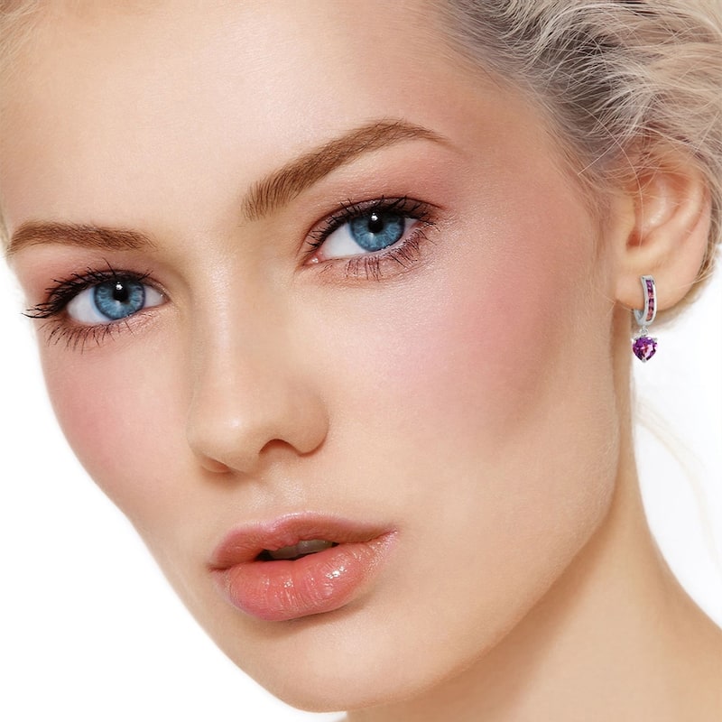 3.2 Carat 14K Solid White Gold V-shape Hoop Earrings Heart Amethyst