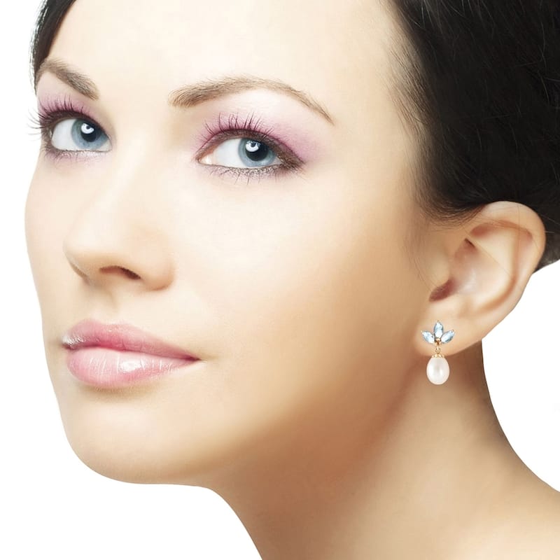 9.5 CTW 14K Solid Gold Dangling Earrings pearl Aquamarine
