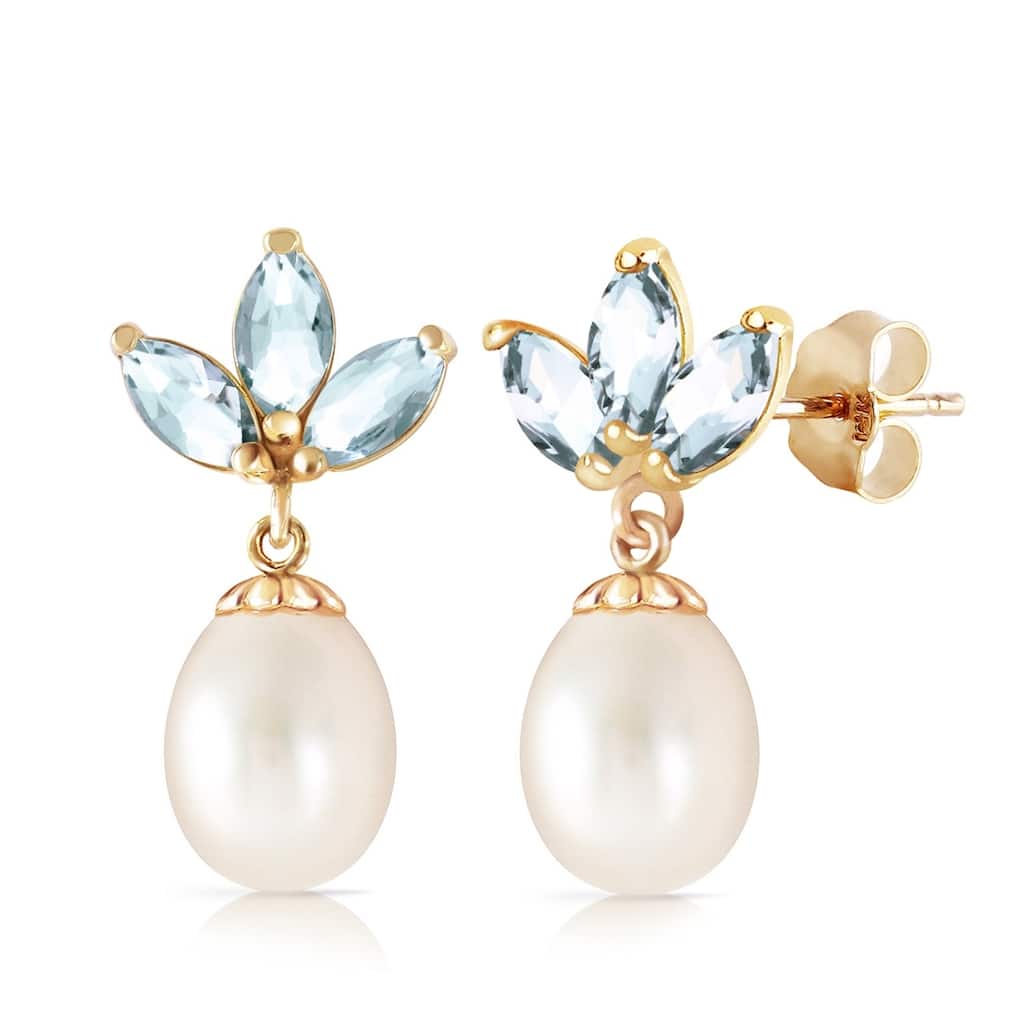 9.5 CTW 14K Solid Gold Dangling Earrings pearl Aquamarine