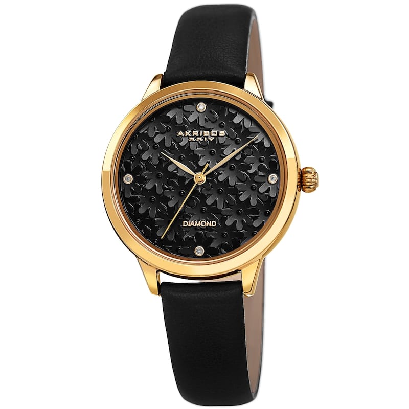 Akribos XXIV Women's Diamond Layered Floral Leather Strap Watch