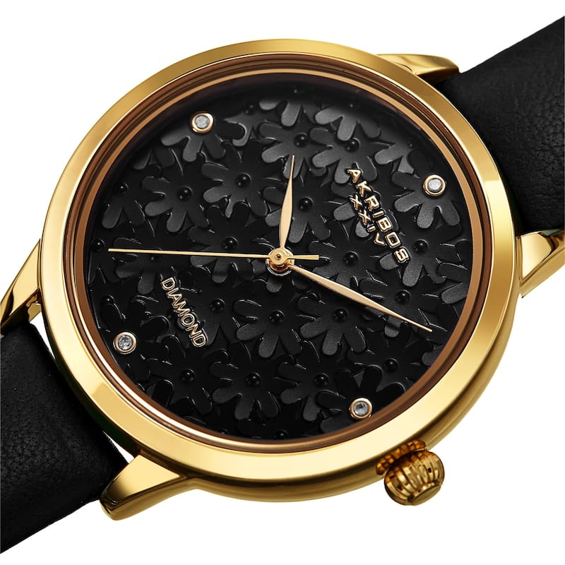 Akribos XXIV Women's Diamond Layered Floral Leather Strap Watch
