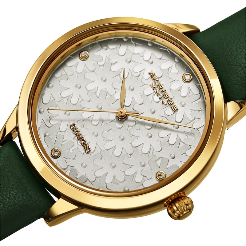Akribos XXIV Women's Diamond Layered Floral Leather Strap Watch - Green