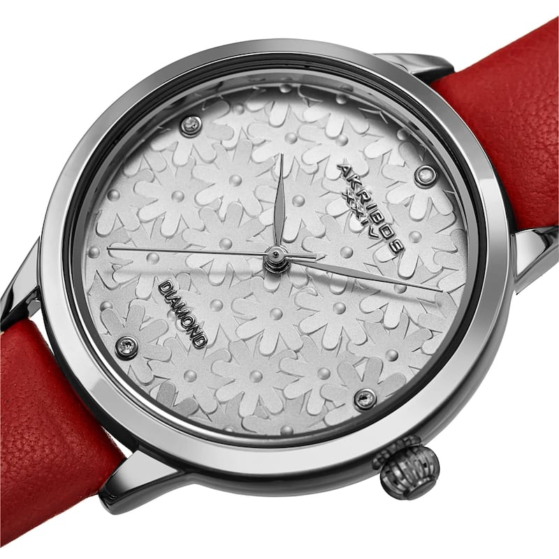 Akribos XXIV Women's Diamond Layered Floral Leather Strap Watch - Red