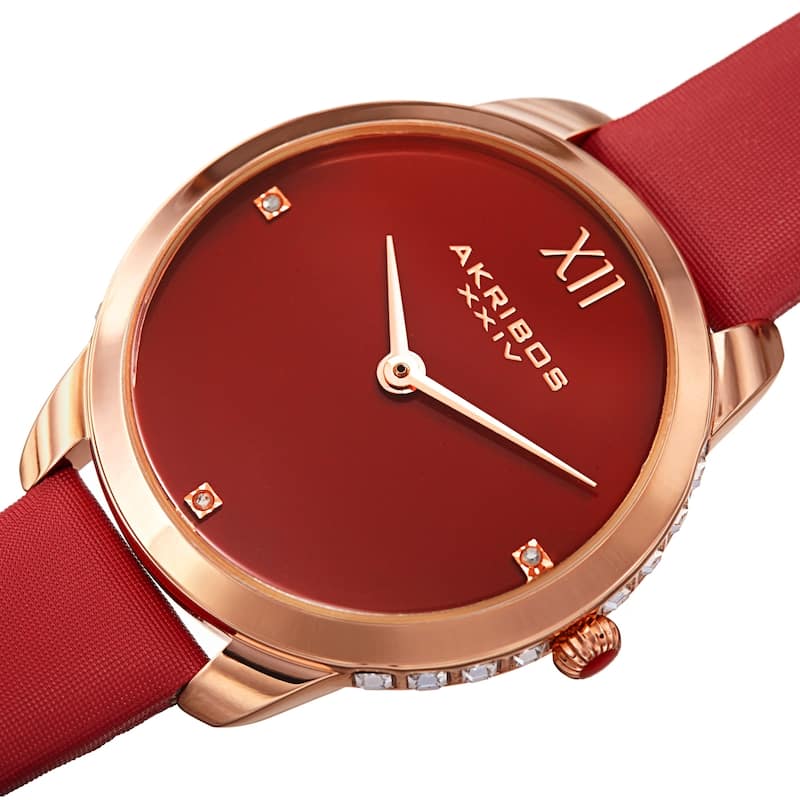 Akribos XXIV Women's Diamond Classic Satin Leather Strap Watch - Brown - Red