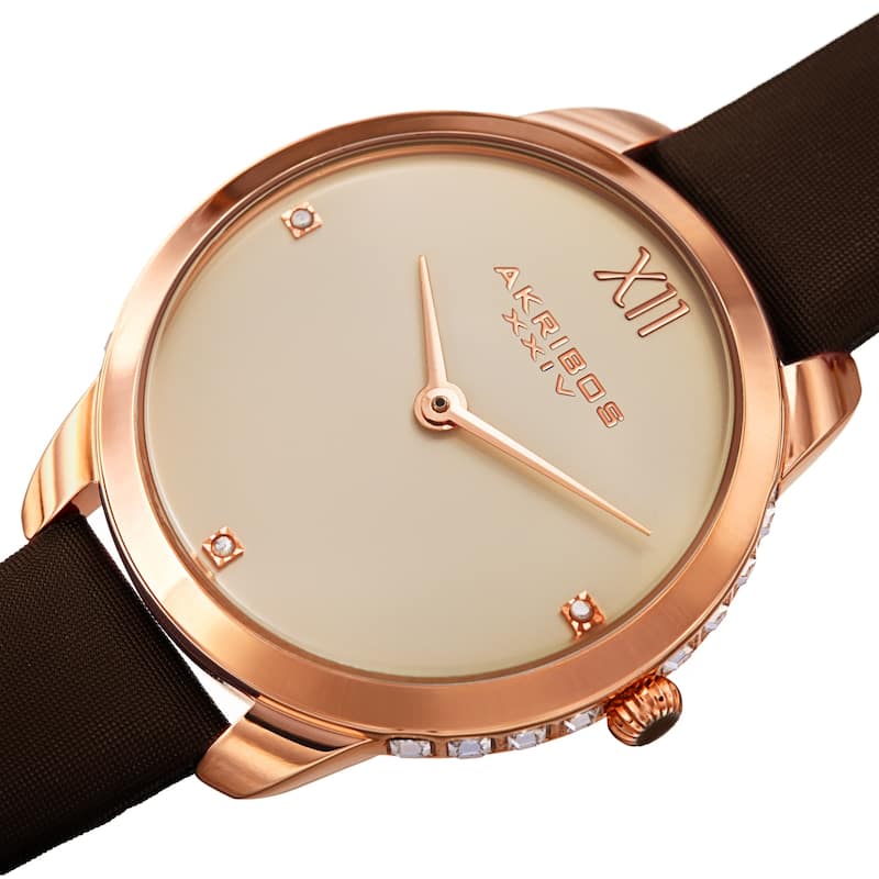 Akribos XXIV Women's Diamond Classic Satin Leather Strap Watch - Brown