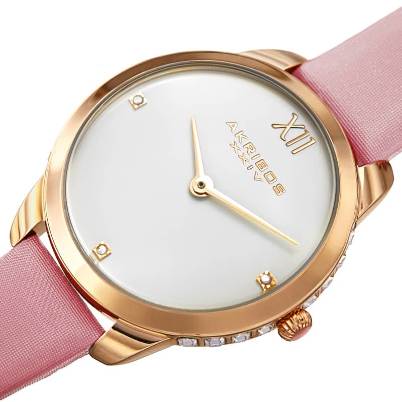 Akribos XXIV Women's Diamond Classic Satin Leather Strap Watch - Brown - Pink