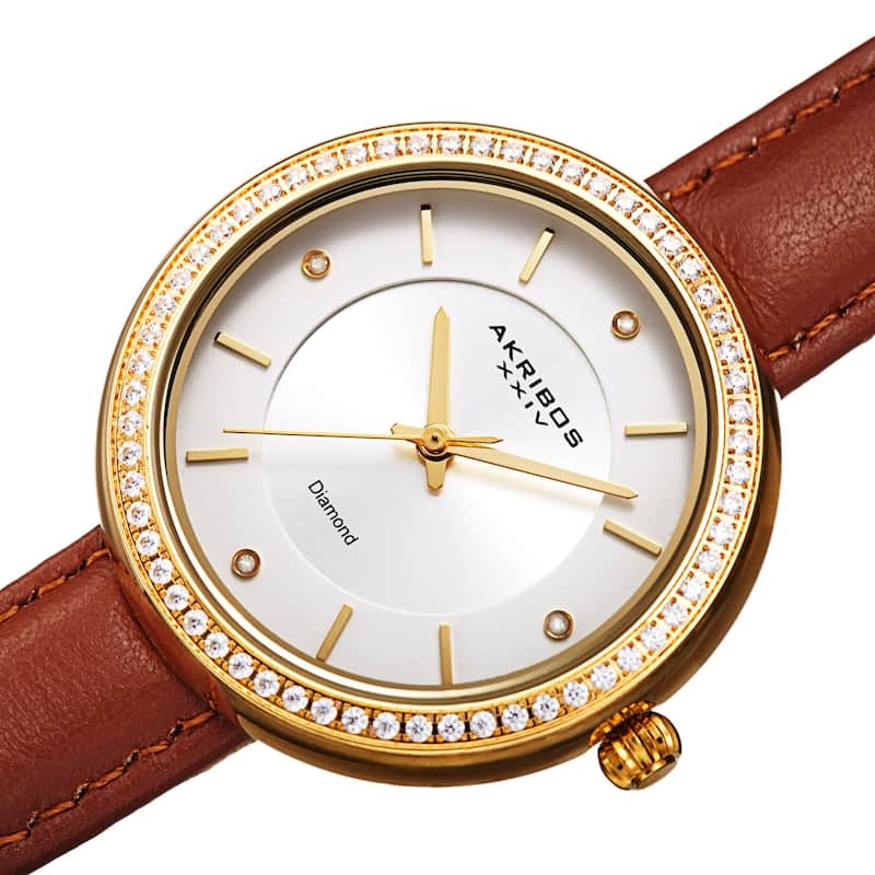 Akribos XXIV Women's Diamond Crystal Classic Leather Strap Watch - Brown