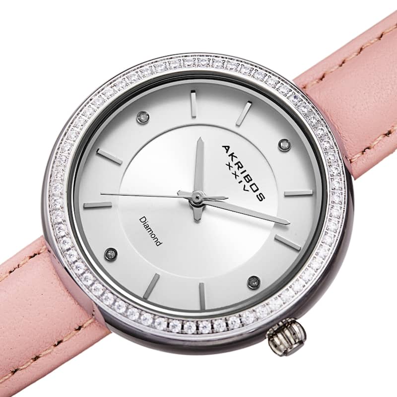 Akribos XXIV Women's Diamond Crystal Classic Leather Strap Watch - Pink