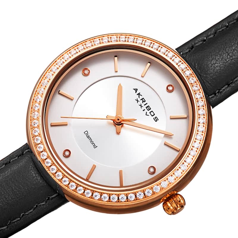 Akribos XXIV Women's Diamond Crystal Classic Leather Strap Watch - Black
