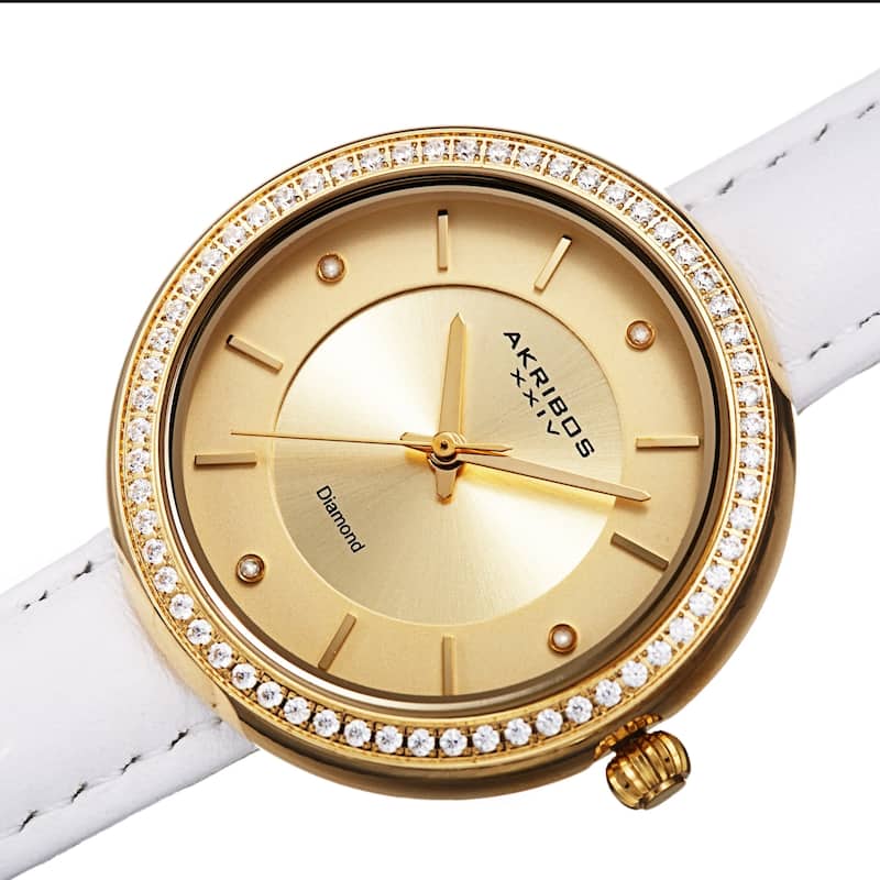 Akribos XXIV Women's Diamond Crystal Classic Leather Strap Watch - White