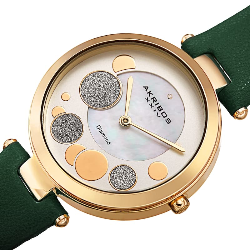 Akribos XXIV Women's Diamond Glitter Bubble Satin Leather Strap Watch - Green