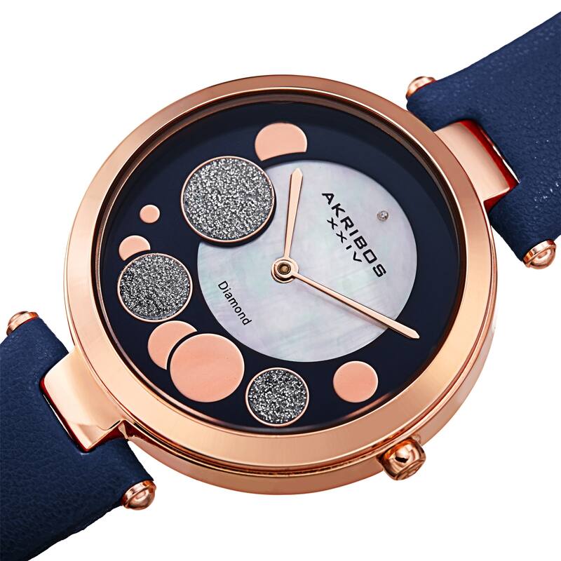 Akribos XXIV Women's Diamond Glitter Bubble Satin Leather Strap Watch - Blue