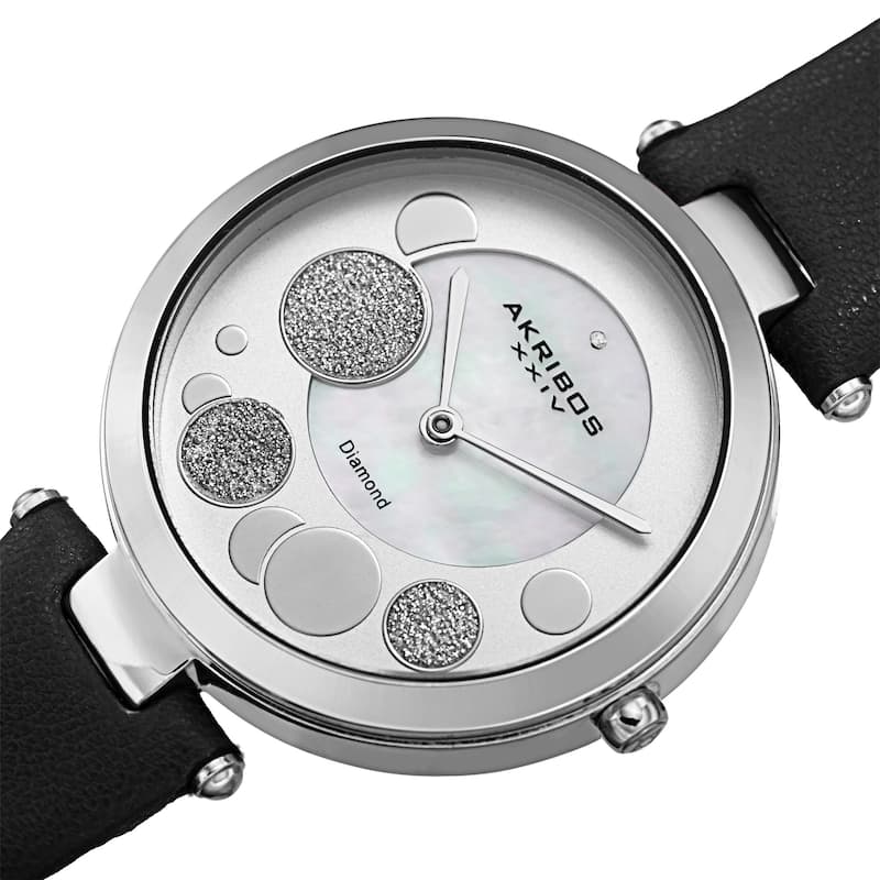 Akribos XXIV Women's Diamond Glitter Bubble Satin Leather Strap Watch - Black