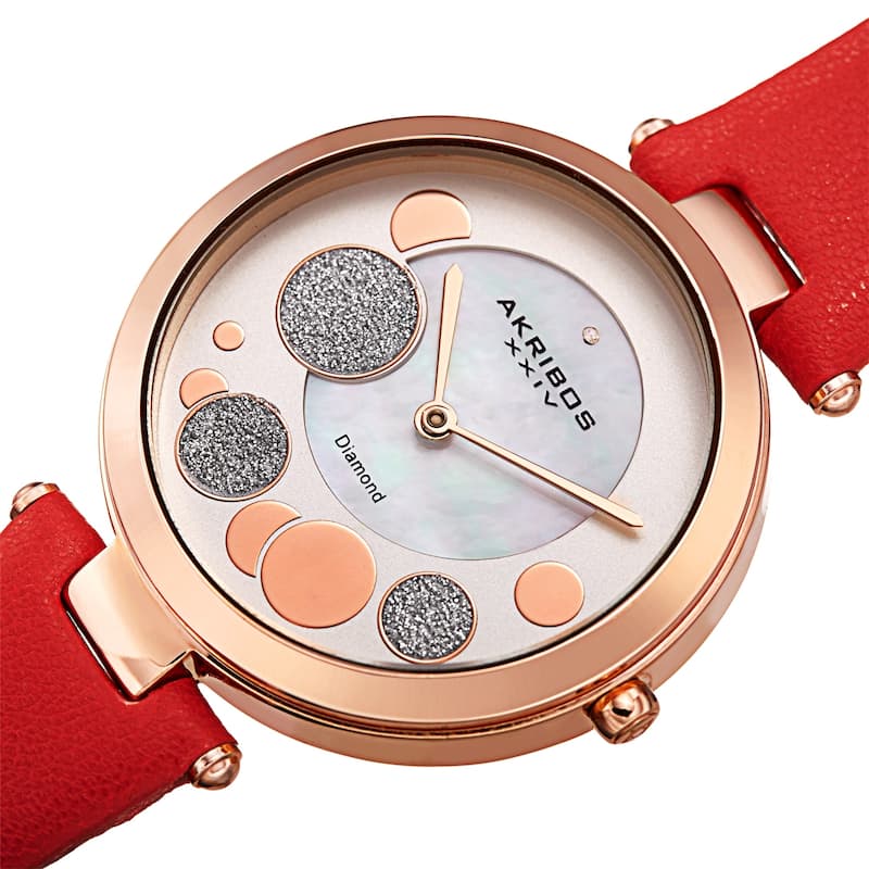 Akribos XXIV Women's Diamond Glitter Bubble Satin Leather Strap Watch - Red
