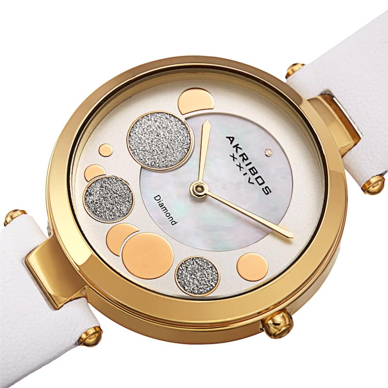 Akribos XXIV Women's Diamond Glitter Bubble Satin Leather Strap Watch - White