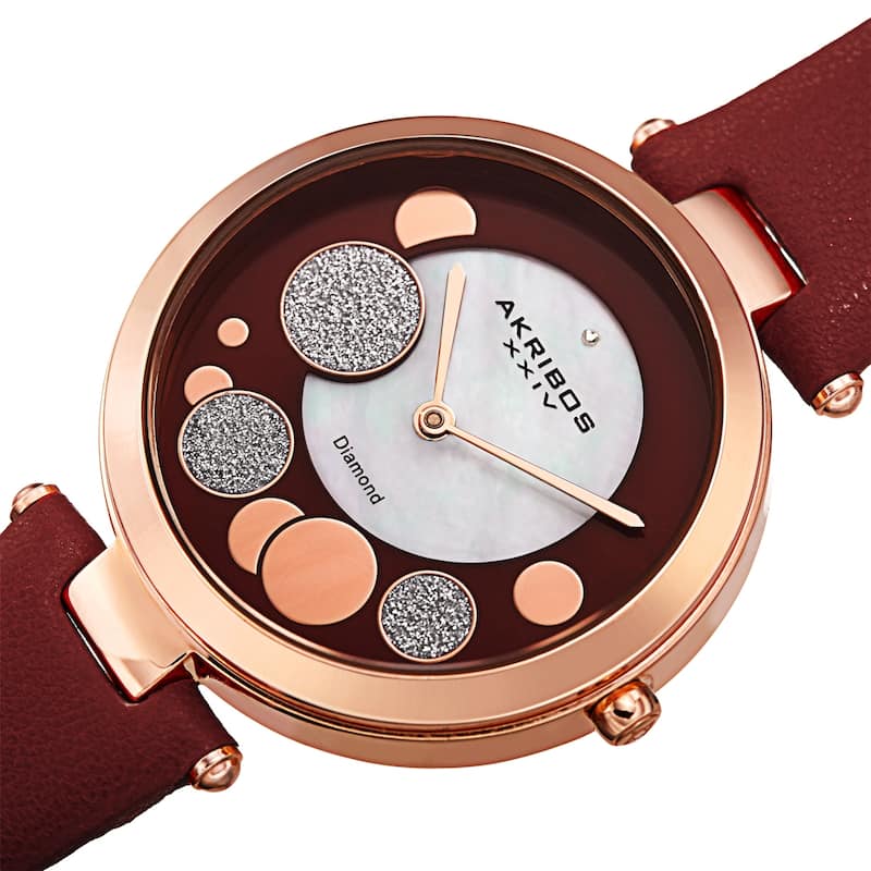 Akribos XXIV Women's Diamond Glitter Bubble Satin Leather Strap Watch - Burgundy