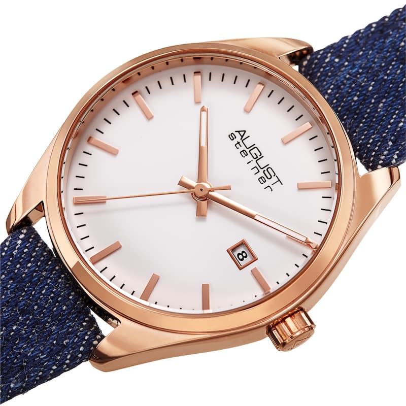 August Steiner Women's Date Textured Denim over Leather Strap Watch - Rose