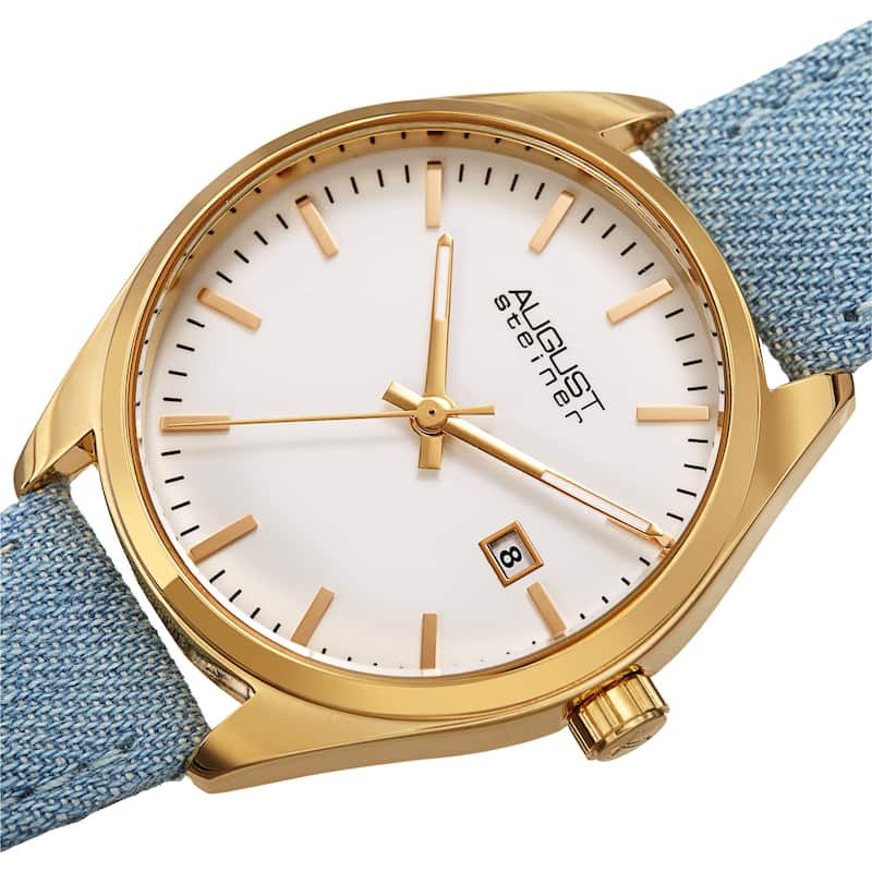 August Steiner Women's Date Textured Denim over Leather Strap Watch - Gold/Blue