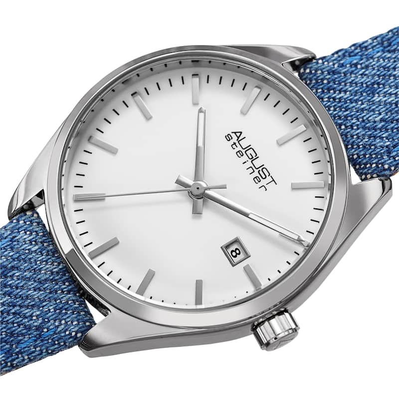 August Steiner Women's Date Textured Denim over Leather Strap Watch - Silver