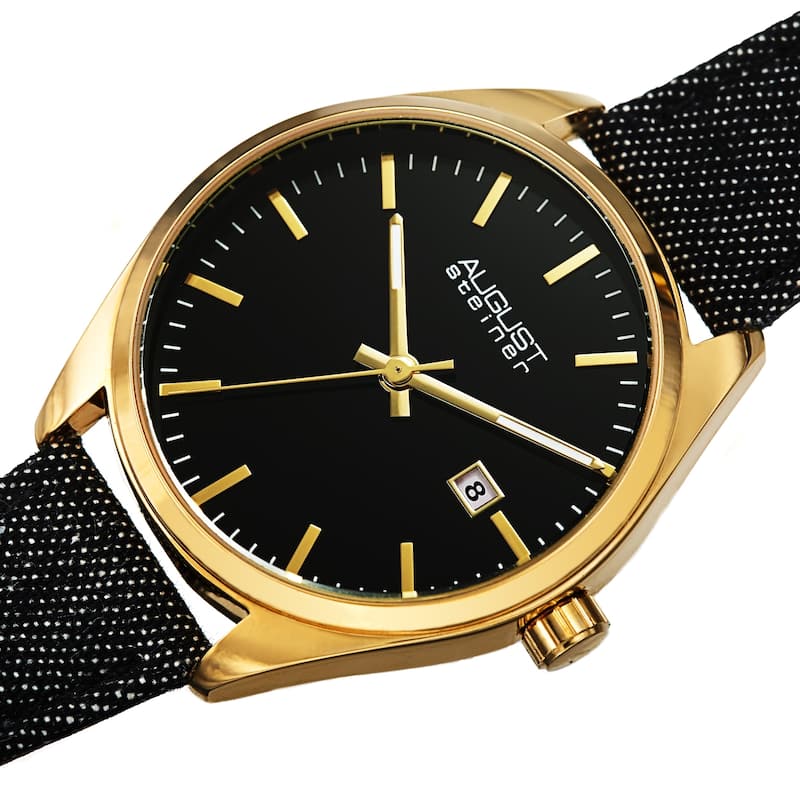 August Steiner Women's Date Textured Denim over Leather Strap Watch - Gold/Black
